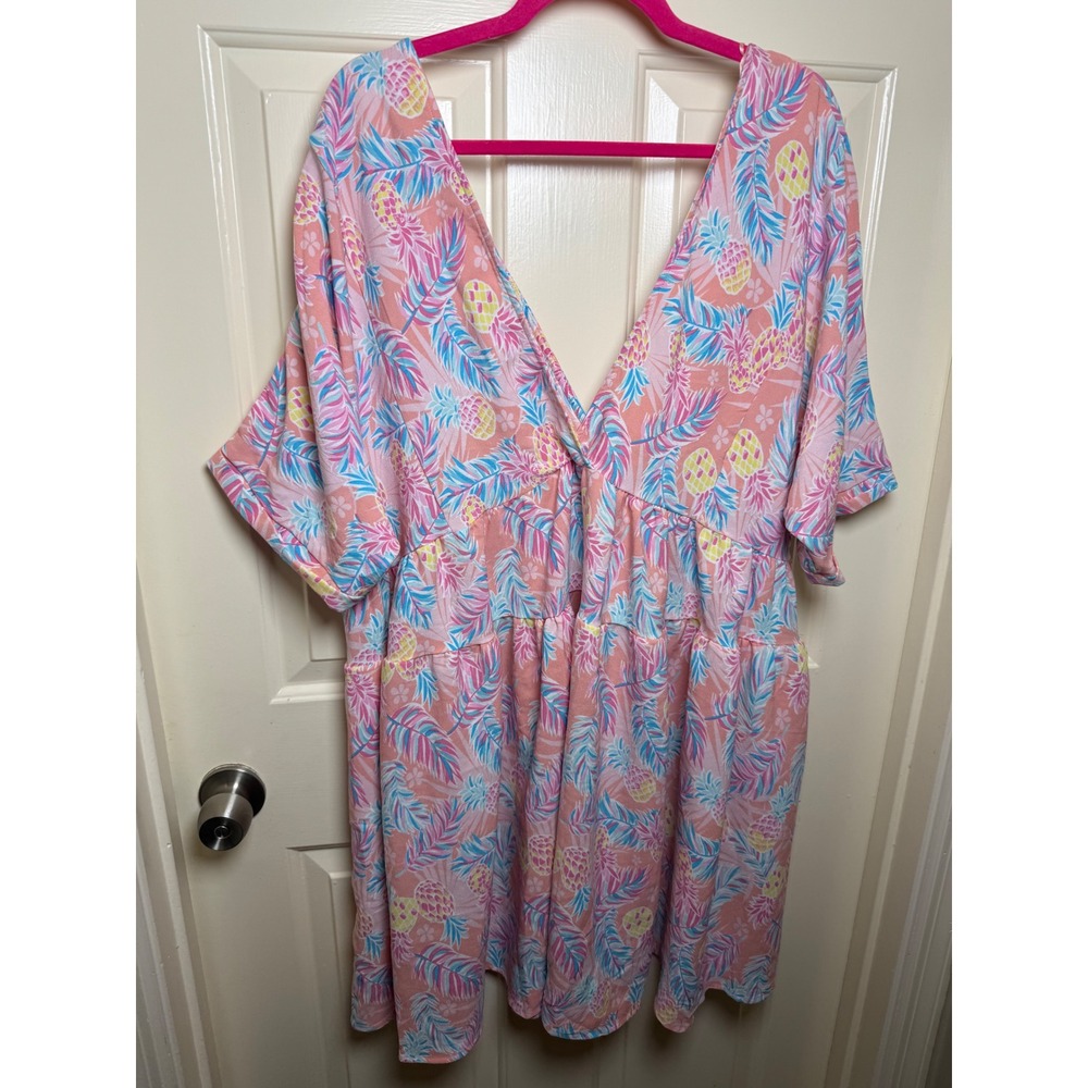 Simply Southern Pineapple Tropical Batwing Dress XXL Pink Blue Tiered Tassel